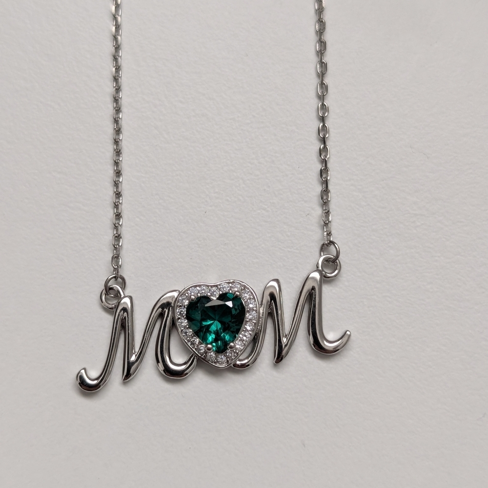 Silver 'Mom' Necklace with Green Heart Pendant